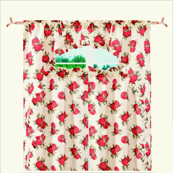 Classic Euro Apples 3 Piece Kitchen Curtain Set, With Large Apples Design
