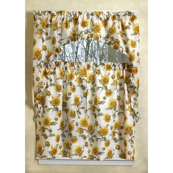 Classic Euro Sunflower 3 Piece Kitchen Curtain Set, With Large Sunflower Design