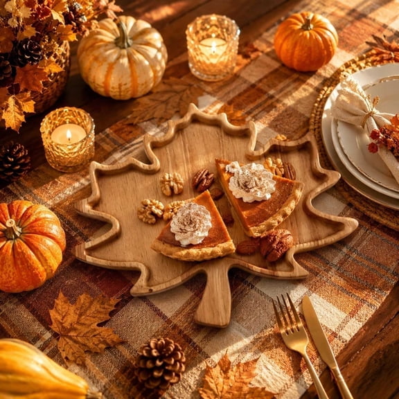 Classic Fall Wooden Serving Tray with Delicate Maple Leaf Patterns for Thanksgiving, Wood Platter for Snacks, Nuts and Desserts, Decorative Plate for Home Kitchen Counters/Holiday Party Table, Khaki
