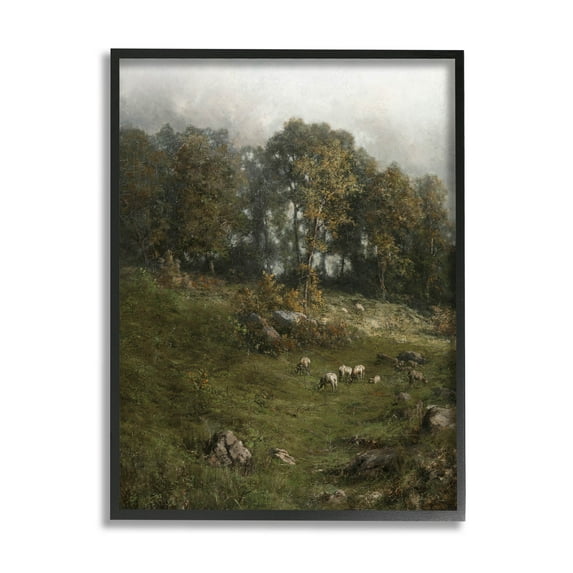 Classic Farm Field Grazing Animals Landscape Painting Black Framed Art Print Wall Art