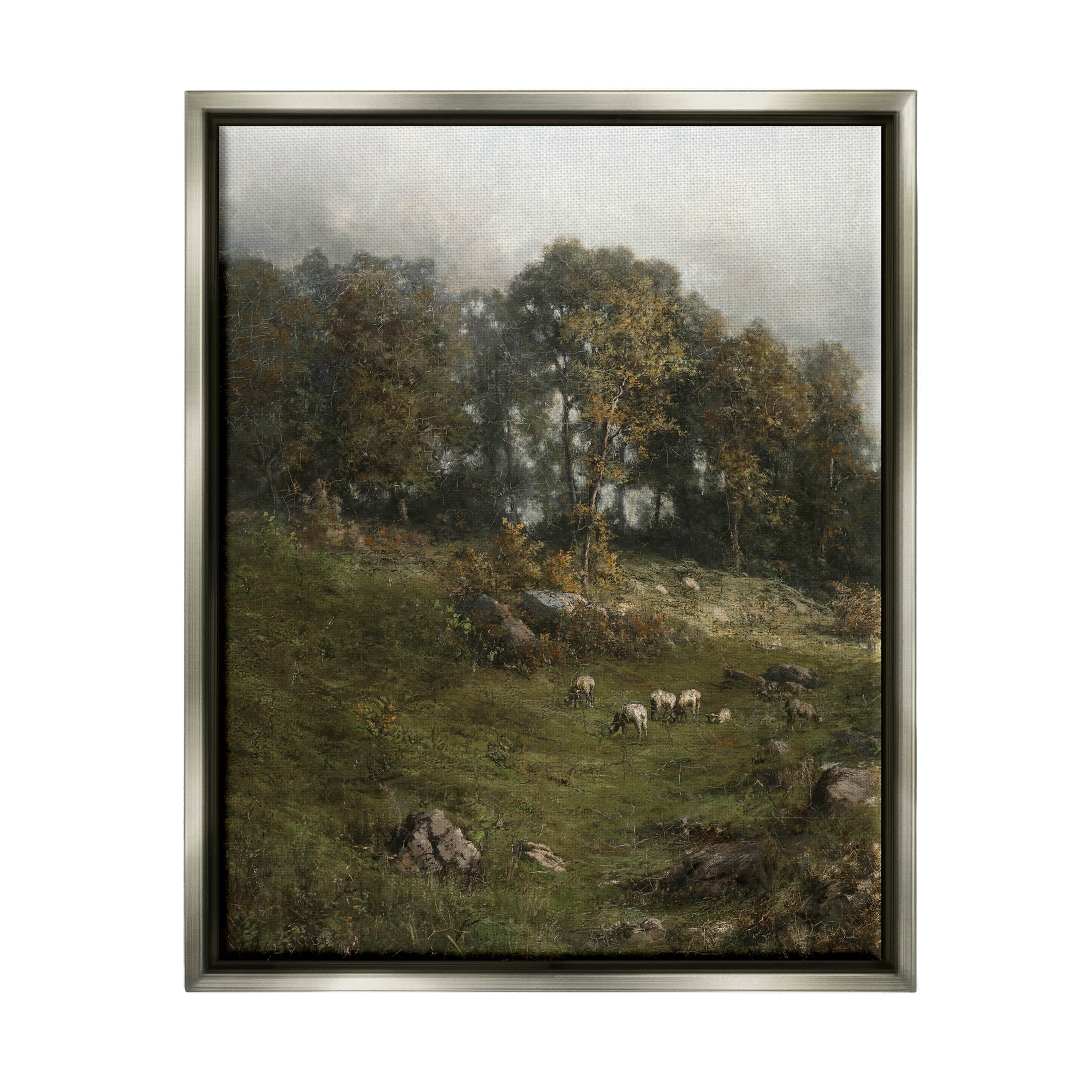 Classic Farm Field Grazing Animals Landscape Painting Luster Gray Framed Art Print Wall Art