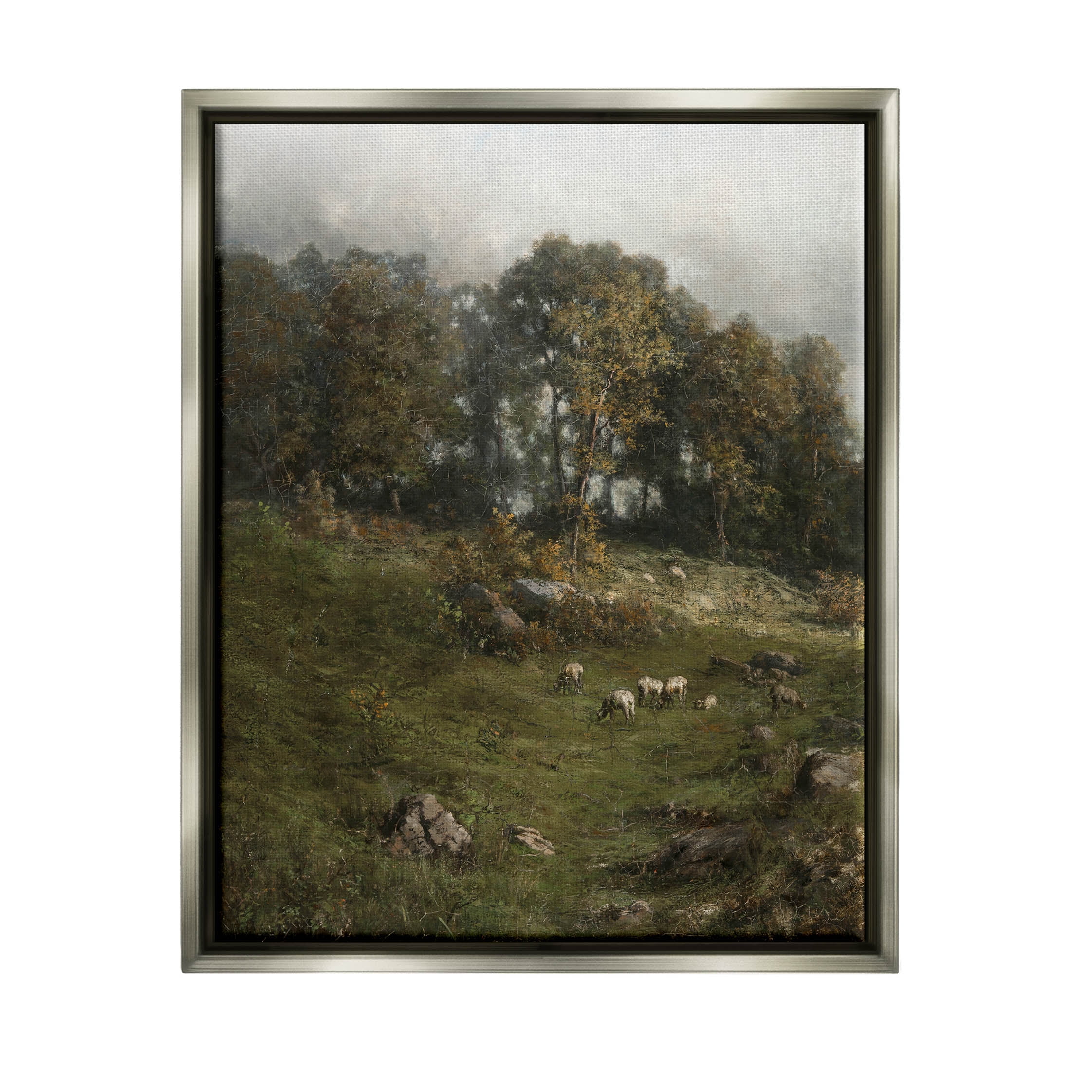 Classic Farm Field Grazing Animals Landscape Painting Luster Gray Framed Art Print Wall Art