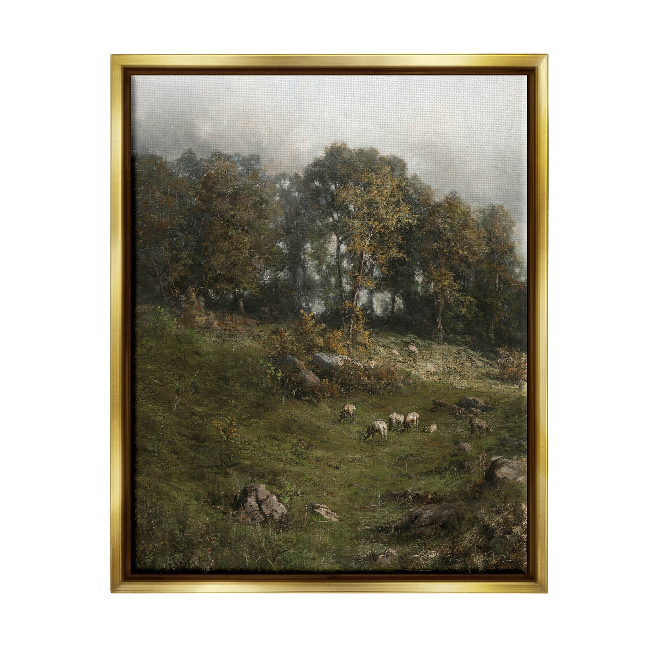 Classic Farm Field Grazing Animals Landscape Painting Metallic Gold Framed Art Print Wall Art