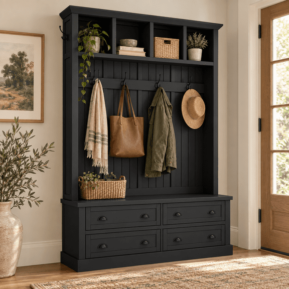 Classic Farmhouse Hall Tree with 4 Drawers, 6 Hooks and Display Shelves, Beadboard Style Entryway Coat Rack with Storage Bench, Mudroom Organizer for Hallway