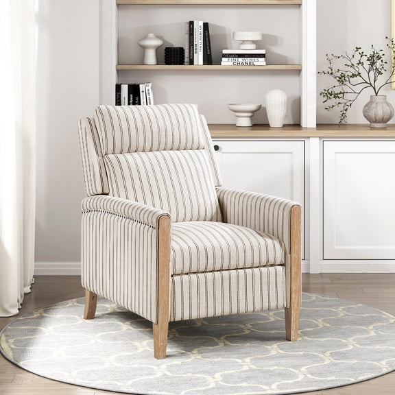 Classic Farmhouse Style Push Back Reclining Chair Solid Wood Living Room Furniture 1pc White-Gray Strip Pattern Fabric Upholstery