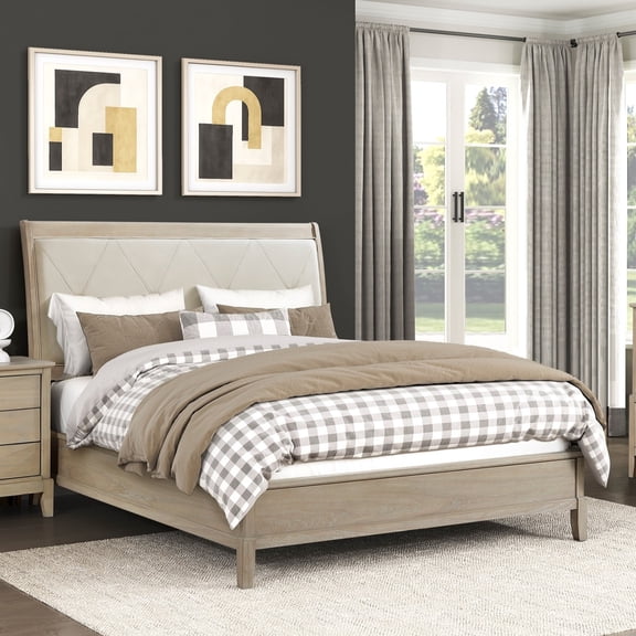 Classic Farmhouse Style Queen Bed Upholstered Headboard Beige Finish Wooden Bedroom Furn