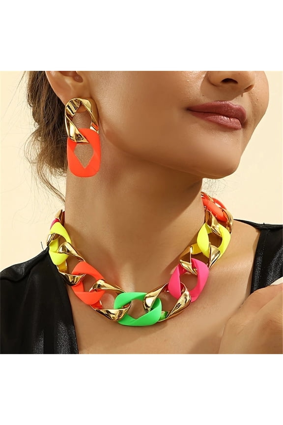 Classic Fashion Aluminum Chain Necklace Earring Set Mother's Day Gift Party Fashion Outward Travel World Cup Clothing Accessories