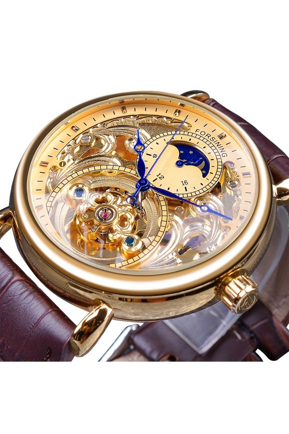 Classic Fashion Design Men's Mechanical Watch with Royal Golden Dial, Blue Hands, and Brown Retro Leather Band