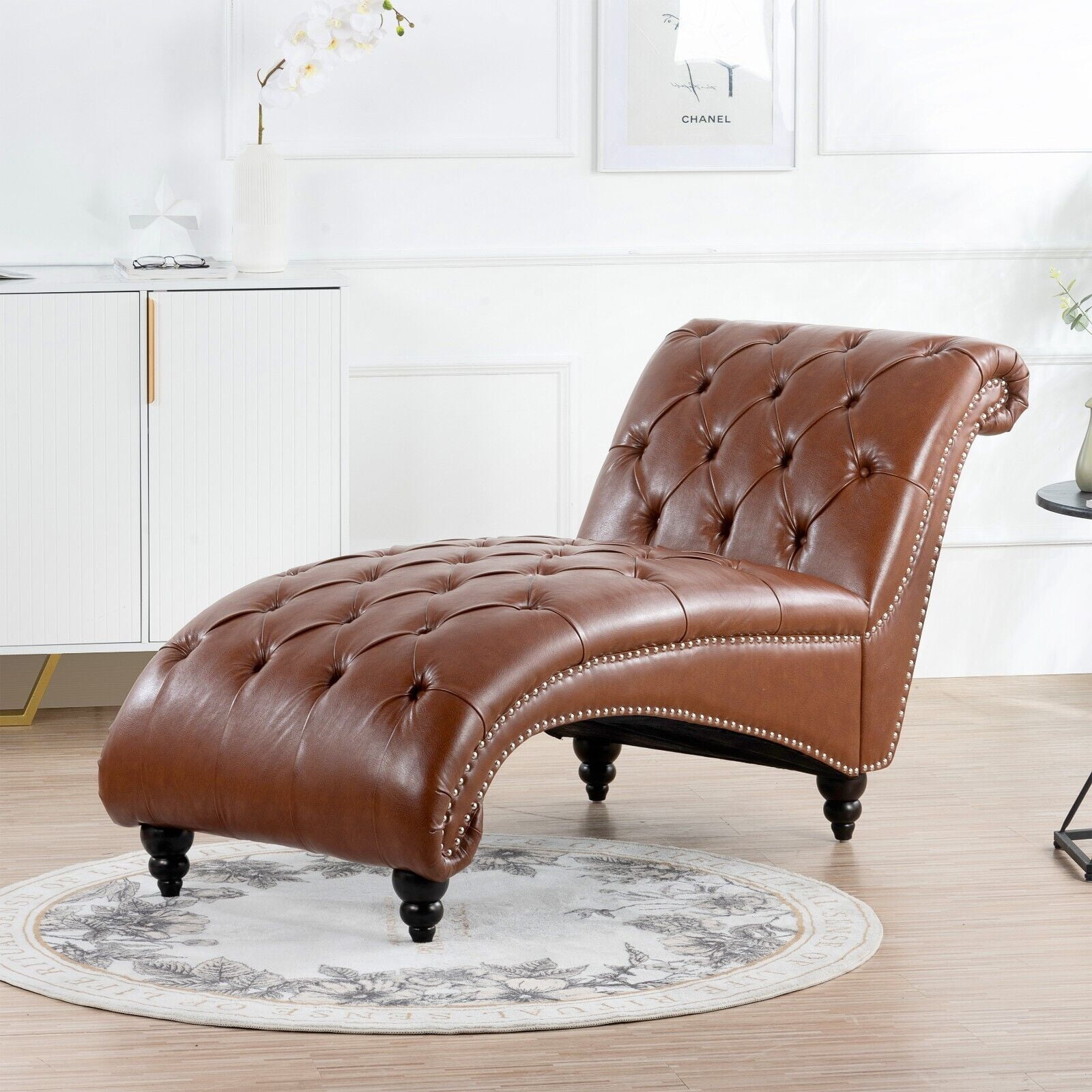 Classic Faux Leather Button Tufted Chaise Lounge, Armless Recliner ...