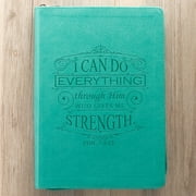 Classic Faux Leather Journal I Can Do Everything Philippians 4:13 Bible Verse Teal Inspirational Notebook, Lined Pages w/Scripture, Ribbon Marker, Zipper Closure