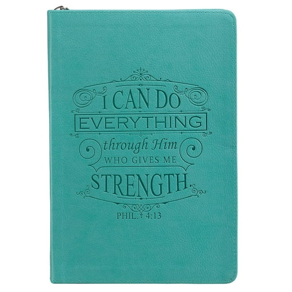 Classic Faux Leather Journal I Can Do Everything Philippians 4:13 Bible Verse Teal Inspirational Notebook, Lined Pages w/Scripture, Ribbon Marker, Zipper Closure