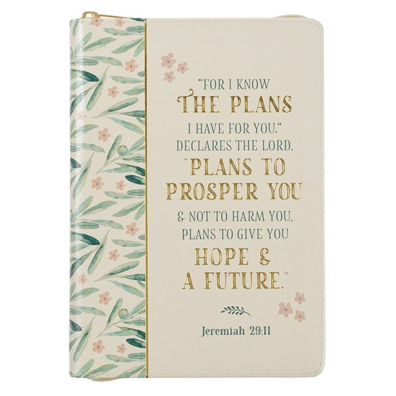 Classic Faux Leather Journal For I Know The Plans Jeremiah 29:11 Bible Verse Ivory Floral Inspirational Notebook, Lined Pages w/Scripture, Ribbon Marker, Zipper Closure
