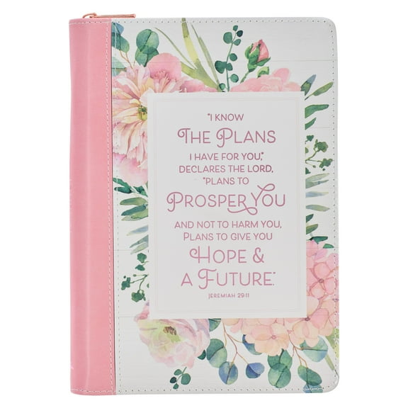 Classic Faux Leather Journal I Know the Plans Jeremiah 29:11 Pink Inspirational Notebook, Lined Pages with Scripture, Ribbon Marker, Zipper Closure (Hardcover)
