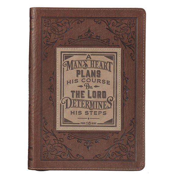 Classic Faux Leather Journal A Man's Heart Proverbs 16:9 Bible Verse Brown Inspirational Notebook, Lined Pages w/Scripture, Ribbon Marker, Zipper Closure