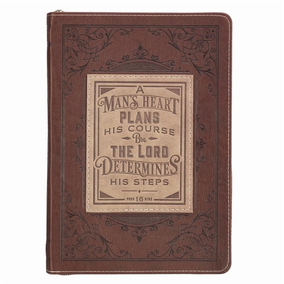 Classic Faux Leather Journal a Man's Heart Proverbs 16:9 Bible Verse Brown Inspirational Notebook, Lined Pages W/Scriptu, (Hardcover)