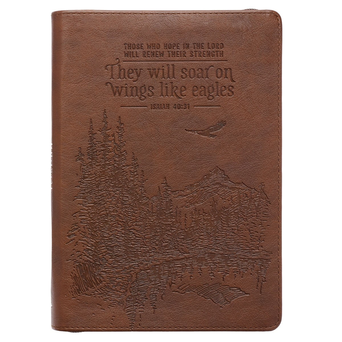 Classic Faux Leather Journal Soar Wings Like Eagles Isaiah 40:31 Bible Verse Brown Inspirational Notebook, Lined Pages w/Scripture, Ribbon Marker, Zipper Closure