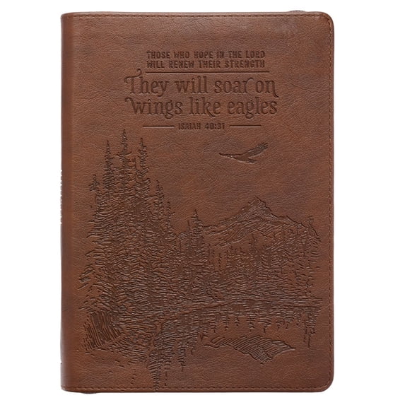 Classic Faux Leather Journal Soar Wings Like Eagles Isaiah 40:31 Bible Verse Brown Inspirational Notebook, Lined Pages w/Scripture, Ribbon Marker, Zipper Closure