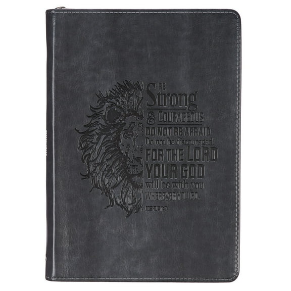 Classic Faux Leather Journal Be Strong and Courageous Lion Joshua 1:9 Bible Verse Gray Inspirational Notebook, Lined Pages w/Scripture, Ribbon Marker, Zipper Closure