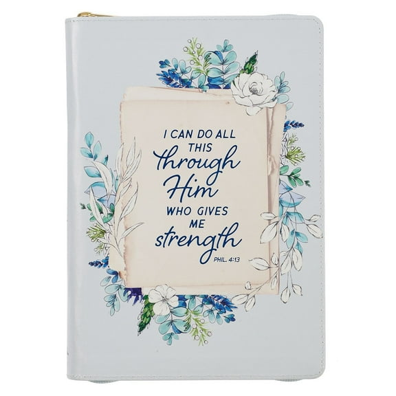 Classic Faux Leather Journal All Things Through Him Philippians 4:13 Bible Verse Pale Blue Floral Inspirational Notebook, Lined Pages w/Scripture, Ribbon Marker, Zipper Closure