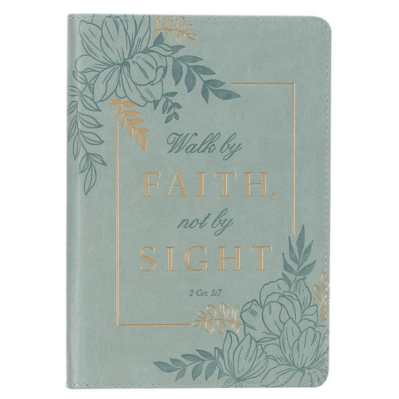 Classic Faux Leather Journal Walk by Faith 2 Cor. 5:7 Powder Blue Floral Inspirational Notebook, Lined Pages w/Scripture, Ribbon Marker, Zipper Closure