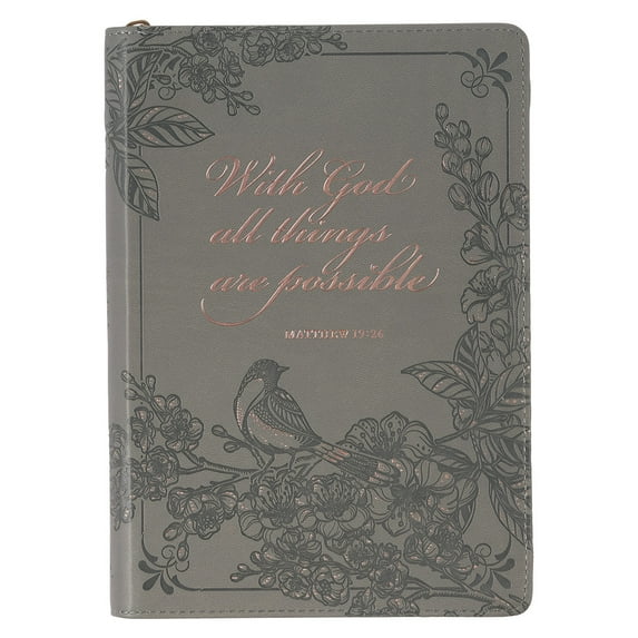 Classic Faux Leather Journal With God Matthew 19:26 Gray Inspirational Notebook, Lined Pages w/Scripture, Ribbon Marker, Zipper Closure