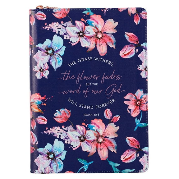 Classic Faux Leather Journal Word of Our God Will Stand Forever Isaiah 40:8 Bible Verse Navy Floral Inspirational Notebook, Lined Pages w/Scripture, Ribbon Marker, Zipper Closure
