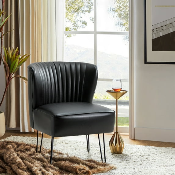Classic Faux Leather Side Accent Chair Metal Base Tufted Mid-back Bedroom Living Room Black