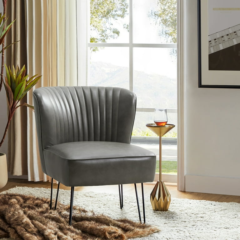 Classic Faux Leather Side Accent Chair Metal Base Tufted Mid-back