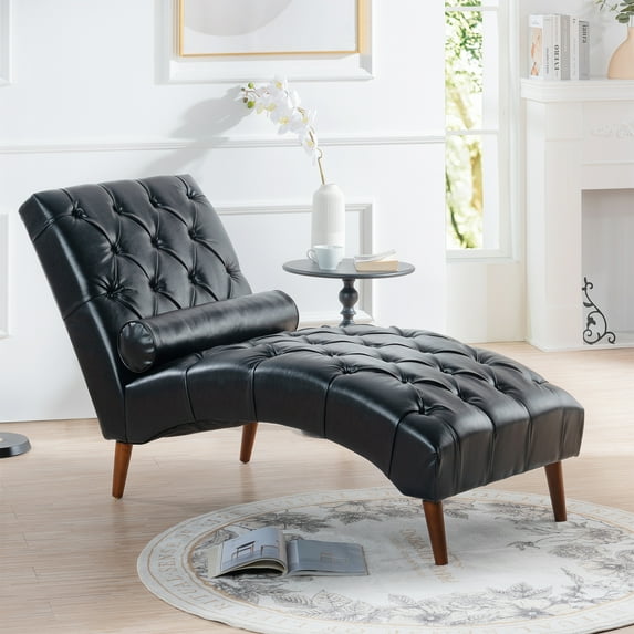 Classic Faux Leather Upholstered Chaise Lounge, Button Tufted Sleeper Lounge Chair with Solid Wood Pillow for Living Room Bedroom