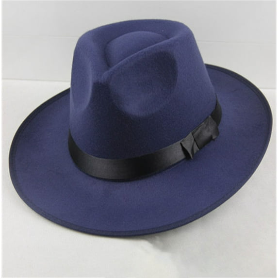 Classic Fedora Hat for Men and Women, Wool Felt Wide Brim Panama Hat with Black Ribbon Band, Vintage Style Cap for Stage Performances, Jazz Events, Wedding Guest Outfit and Daily Wear Navy