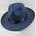 thumbnail image 1 of Classic Fedora Hat for Men and Women, Wool Felt Wide Brim Panama Hat with Black Ribbon Band, Vintage Style Cap for Stage Performances, Jazz Events, Wedding Guest Outfit and Daily Wear Blue, 1 of 4