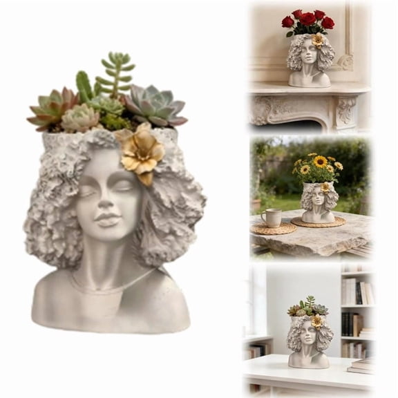 Classic Female Head Bust Resin Planter, Imitation Stone Effect Creative Flower Vase, Decorative Pot for Garden, Courtyard and Tabletop Display