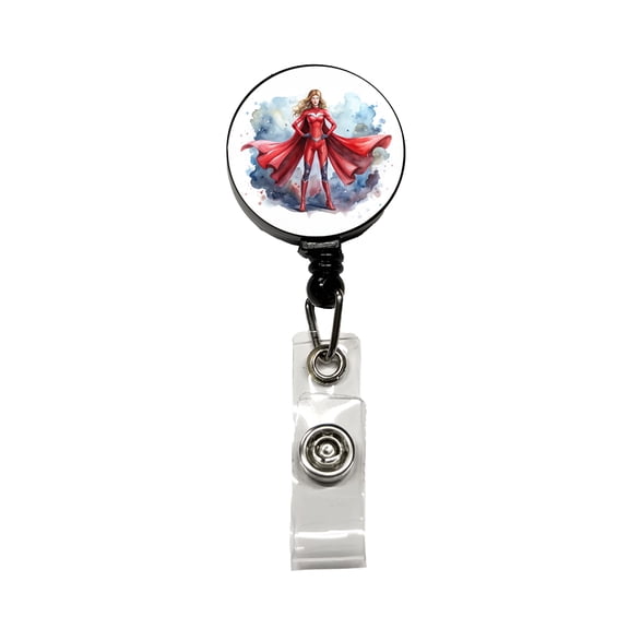 Classic Female Superhero With Red Costume Watercolor Retractable Reel ID Badge Key Card Name Tag Holder with Clip