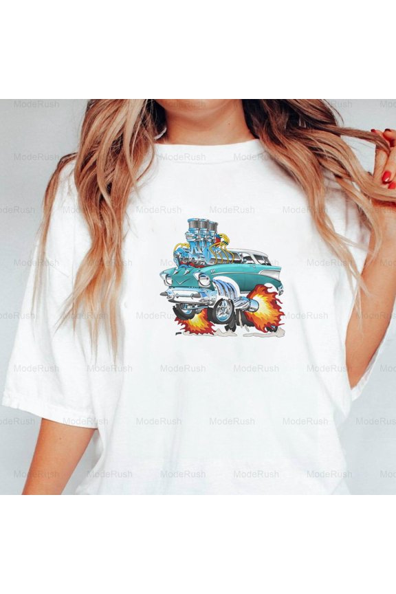 Classic Fifties Hot Rod Muscle Car Cartoon Funny Graphic Unisex T-Shirt, up to size 5XL-TS WHITE