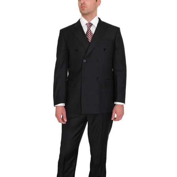 Classic Fit Double Breasted Solid Black Wool Suit
