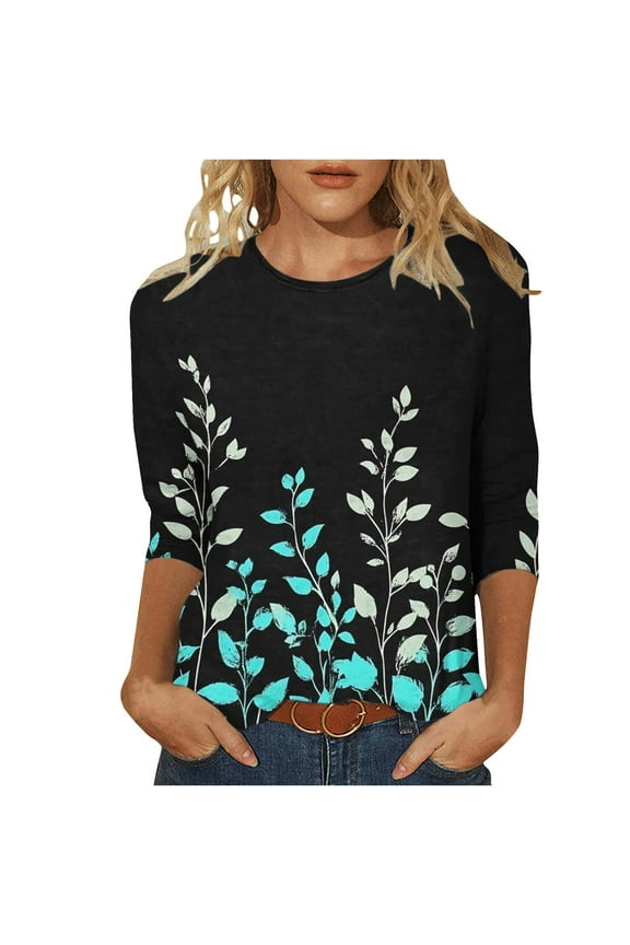 Classic Fit Womens Tops 3/4 Sleeve Shirts Vintage Floral Tshirts Round Neck Basic Tee Casual Blouse
