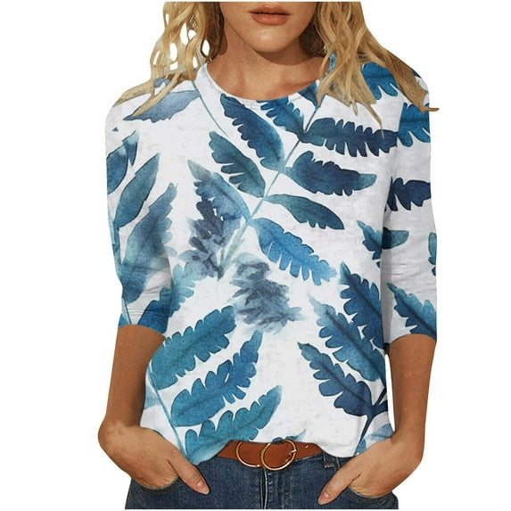 Classic Fit Womens Tops 3/4 Sleeve Shirts Vintage Floral Tshirts Round Neck Basic Tee Casual Blouse