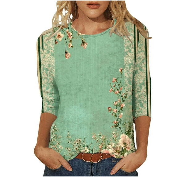 Classic Fit Womens Tops 3/4 Sleeve Shirts Vintage Floral Tshirts Round Neck Basic Tee Casual Blouse
