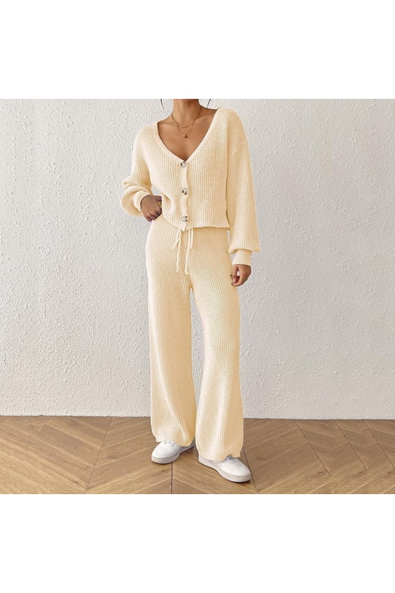 Classic-Fitted Pullover Set Women Sweater Outfits V Neck Button Front Knit Cardigan Wide Leg Pants Set Drawstring Ribbed Knitwear Casual Loungewear Two Piece Outfit Beige L
