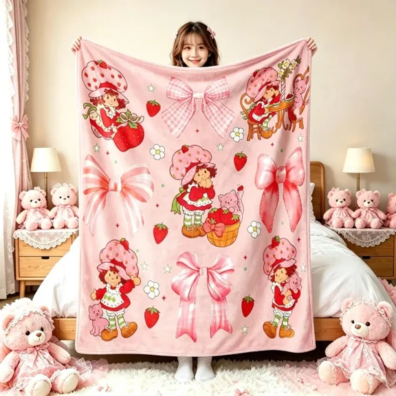 Classic Flannel Strawberry Shortcake Coquette Bow Throw Blanket - Super Soft, Soft Warm, Cute