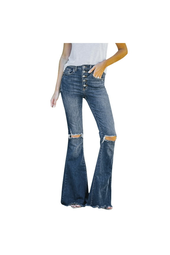 Classic Flare Bell Bottoms Jeans for Women Ripped Frayed Hem High Rise Button Up Bootcut Pants Stretchy Denim Jeans
