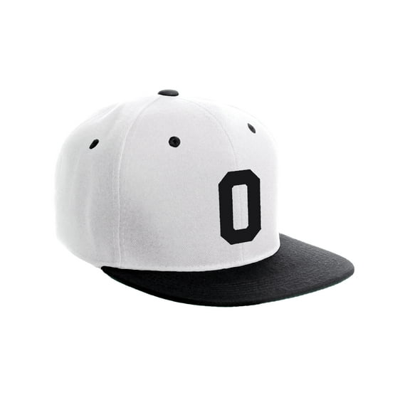 Classic Flat Bill Visor Snapback Hat Custom Color Player Team Numbers, Number 0 Black, White Black Hat