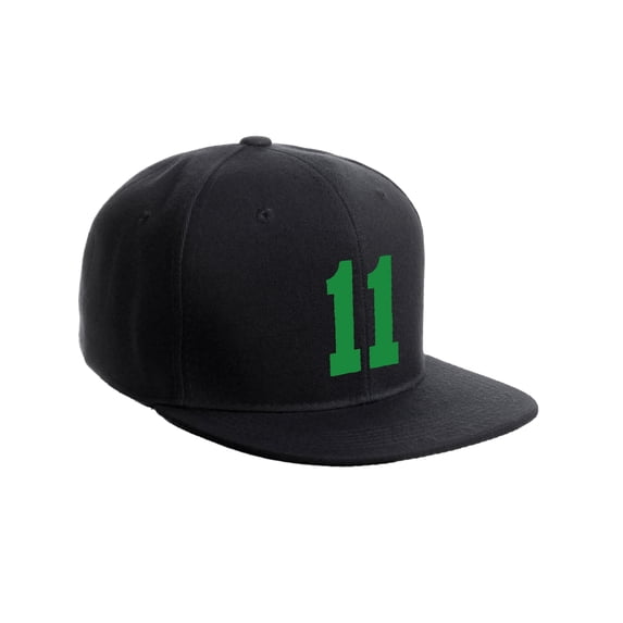 Classic Flat Bill Visor Snapback Hat Custom Color Player Team Numbers, Number 11 Green, Black Hat