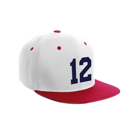 Classic Flat Bill Visor Snapback Hat Custom Color Player Team Numbers, Number 12 Navy, White Red Hat