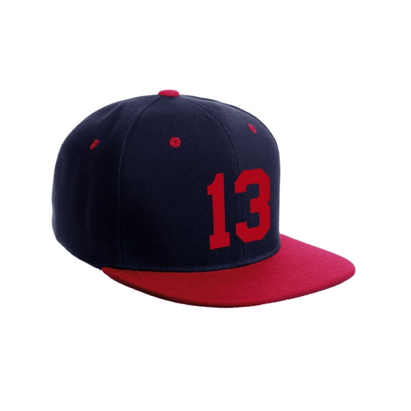 Classic Flat Bill Visor Snapback Hat Custom Color Player Team Numbers, Number 13 Red, Navy Red Hat
