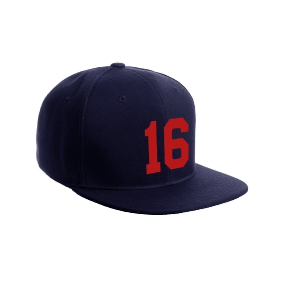 Classic Flat Bill Visor Snapback Hat Custom Color Player Team Numbers, Number 16 Red, Navy Hat