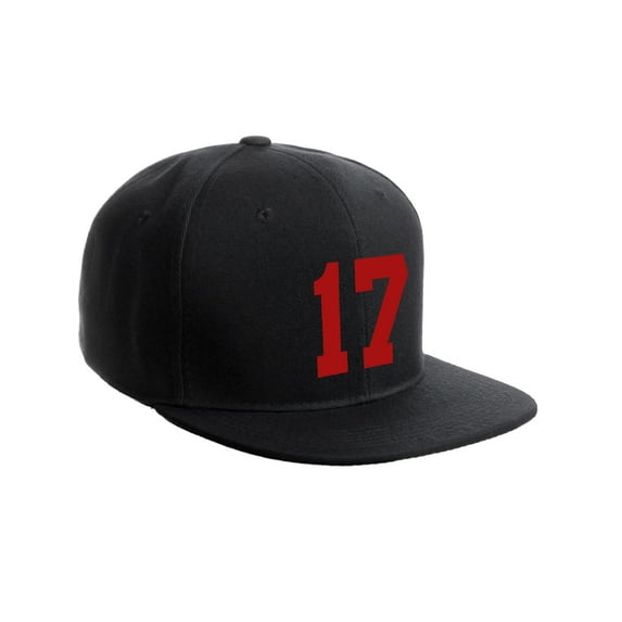 Classic Flat Bill Visor Snapback Hat Custom Color Player Team Numbers, Number 17 Red, Black Hat