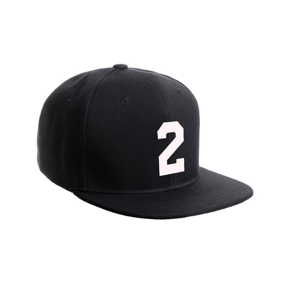 Classic Flat Bill Visor Snapback Hat Custom Color Player Team Numbers, Number 2 White, Black Hat