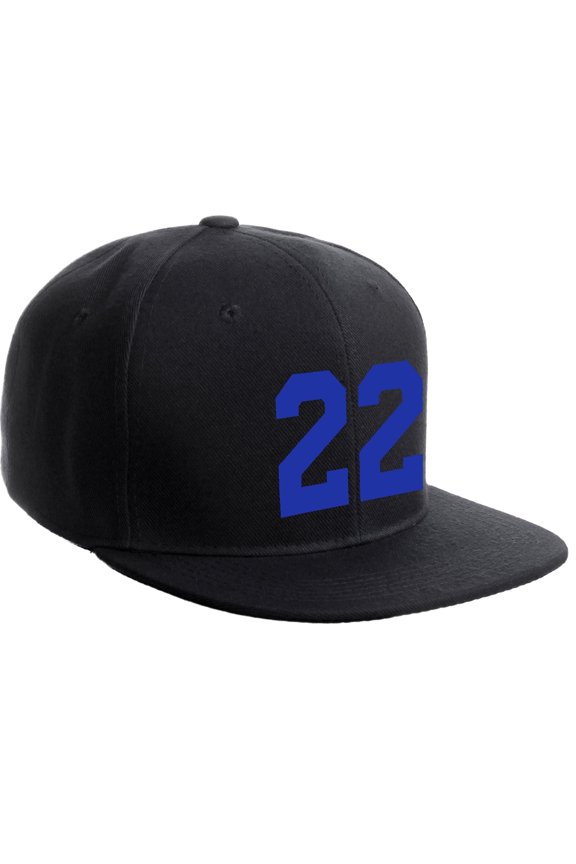 Classic Flat Bill Visor Snapback Hat Custom Color Player Team Numbers, Number 22 Royal, Black Hat