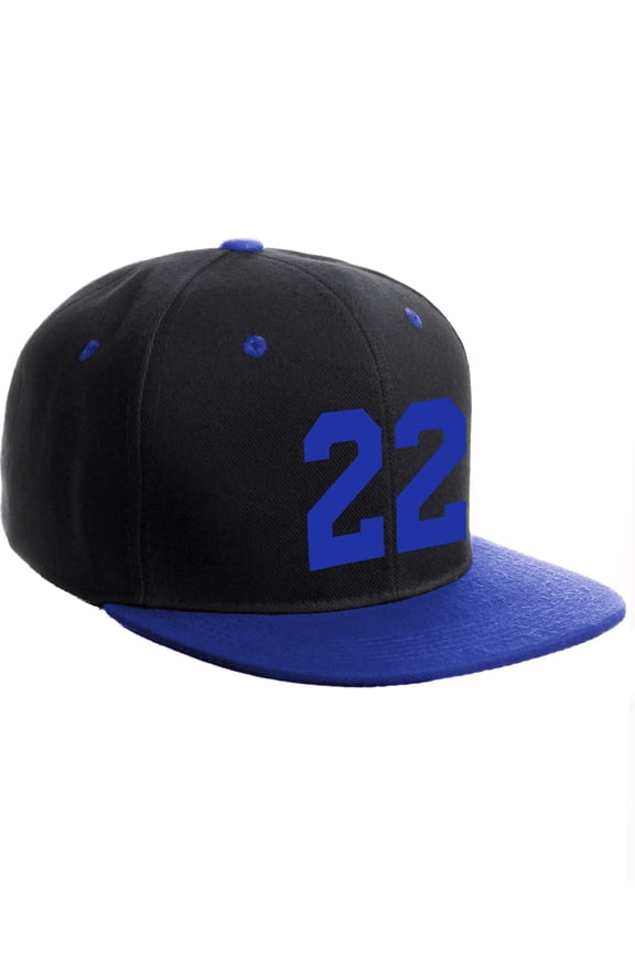 Classic Flat Bill Visor Snapback Hat Custom Color Player Team Numbers, Number 22 Royal, Black Royal Hat